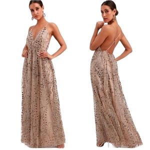 Lulu’s Luminous Night Taupe Glitter Sequin Maxi Dress Size L Holiday Sparkle